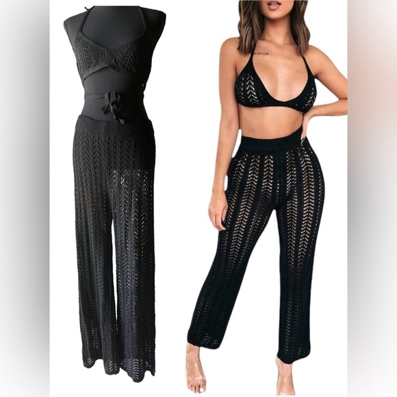 Crochet 2 pc Set Black Top & Stretchy Wide Leg Crochet Pants … - Picture 6 of 16